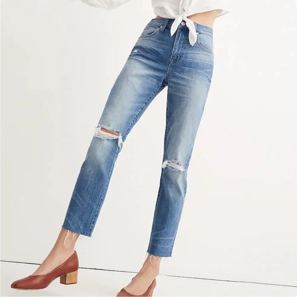 Madewell The High Rise Slim Boyjean Distressed Raw Hem, Size 26